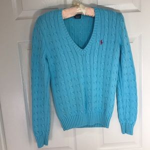 Ralph Lauren Cable Knit V-Neck Baby Blue Pink Logo